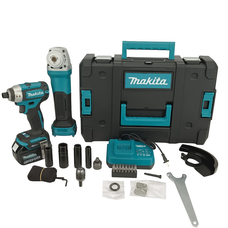 Kit Taladro Atornillador de Impacto Inalámbrico Makita con 2 Baterías, Brocas, Puntas y Vasos
